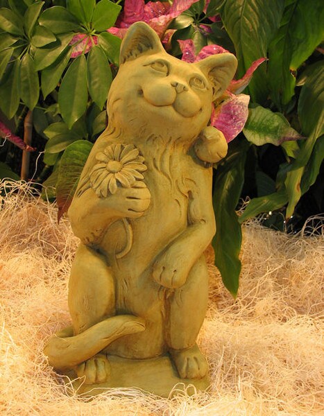 Cat With Flower Sculpture Cement Concrete Made in America Statue